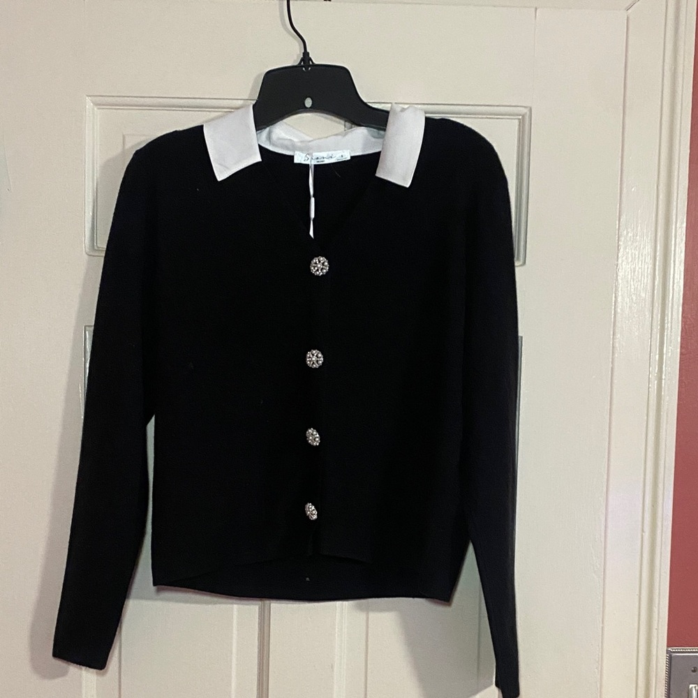 Classic Black Sweater with White Collar - Elegant Button Front